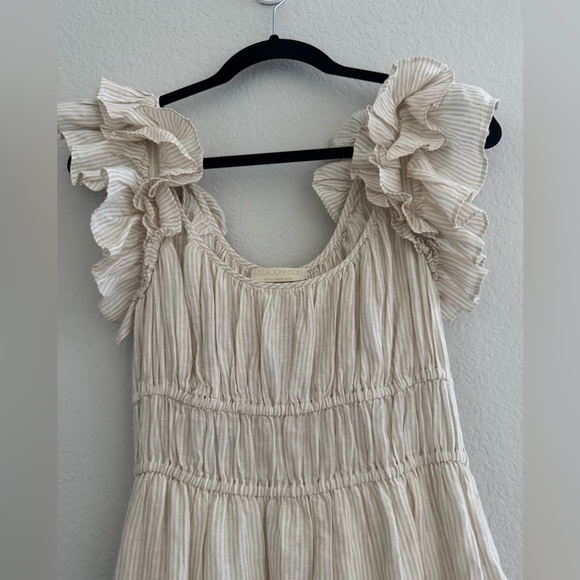 Ulla Johnson Tan Cream Stripe Rissa Dress 0 Sand Ruffle Sleeve Maxi - Picture 10 of 13